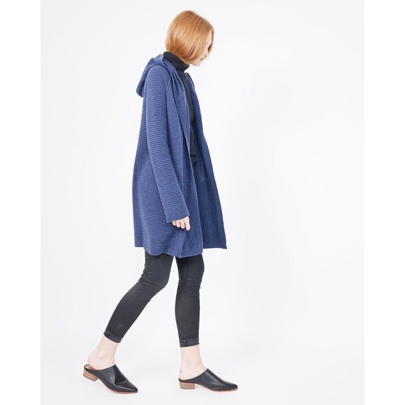 NWT QUINN Eva Marie Cashmere Hooded Coatigan in Navy Mouline - Picture 2 of 7